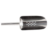 A stainless steel scooping tool with a cylindrical, perforated body and a straight handle. Designed for sifting and separating materials, it has a shiny, reflective surface. The image is on a plain white background.
