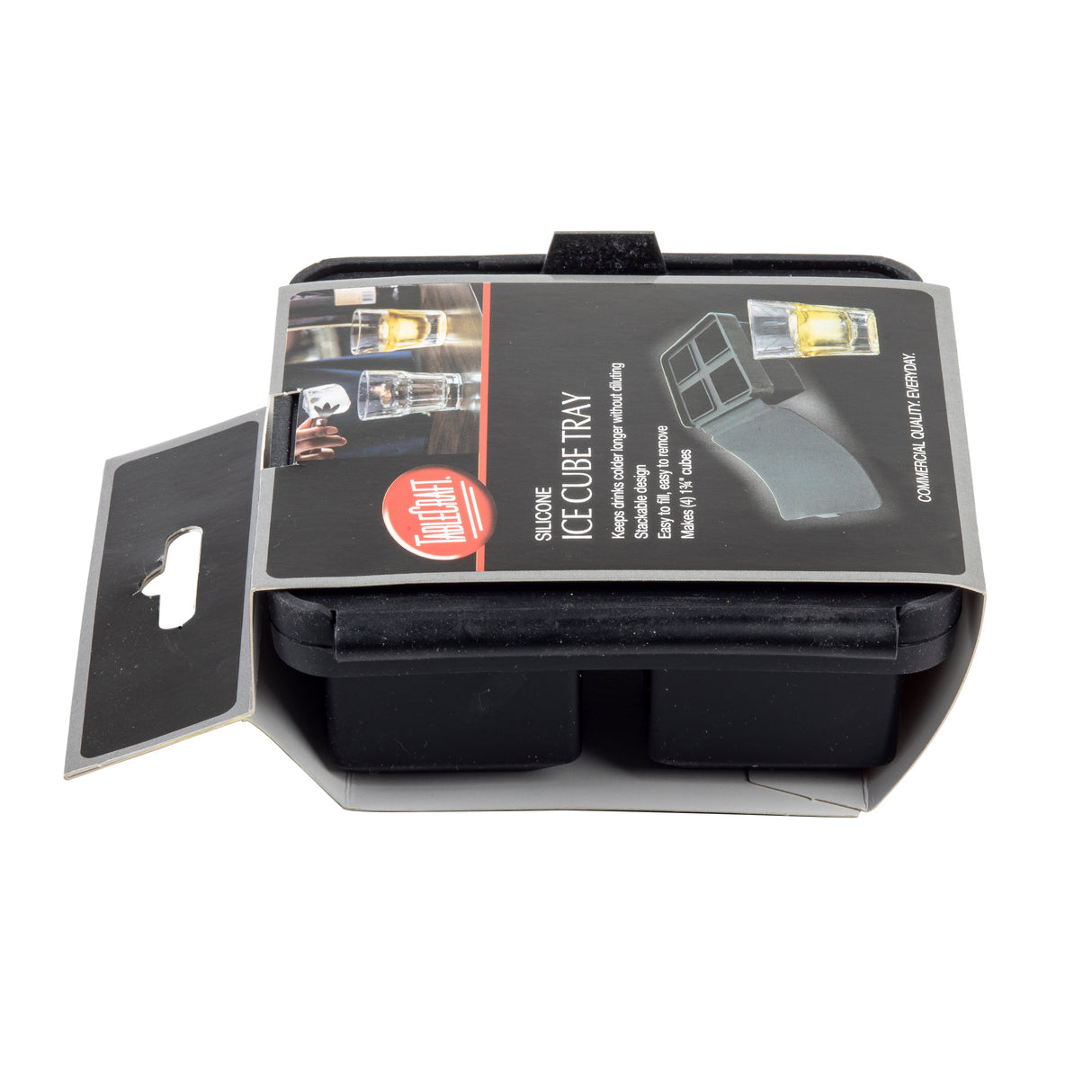 A black silicone ice cube tray in retail packaging, labeled “Square Ice Cube Tray.” Dishwasher safe, it features an image of large square ice cubes in glasses and Final Touch branding. The tray is designed to make large square ice cubes.