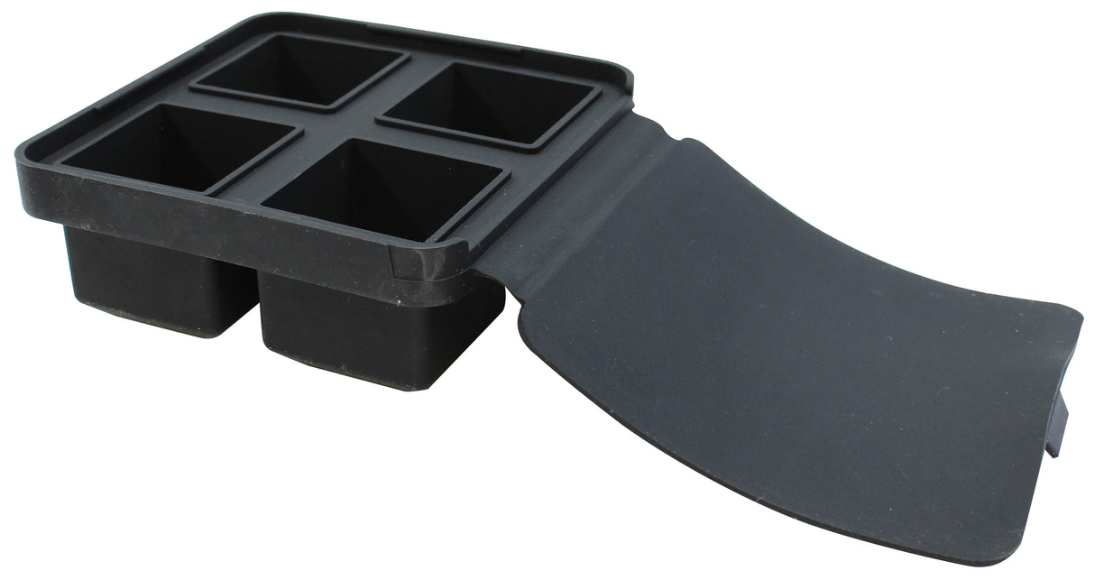 A black silicone ice cube tray with four large square compartments and an attached flexible lid, shown open and lifted to the right side. The dishwasher safe tray is angled so all compartments and the thickness of the mold are visible.