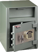 A gray depository safe with an electronic digital lock is shown. The door is open, revealing its thick bolts and dark interior. The upper part has a deposit slot, and the front features a Full Safes logo.
