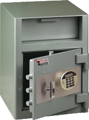 A gray depository safe with an electronic digital lock is shown. The door is open, revealing its thick bolts and dark interior. The upper part has a deposit slot, and the front features a Full Safes logo.