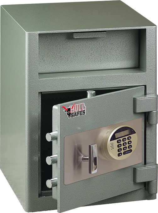 A gray depository safe with an electronic digital lock is shown. The door is open, revealing its thick bolts and dark interior. The upper part has a deposit slot, and the front features a Full Safes logo.