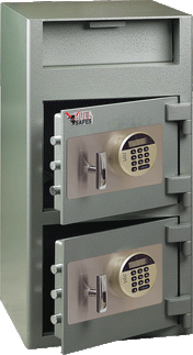 A gray depository safe with two digital locks stands open, revealing empty compartments. The top section features a drop slot for deposits, and the red and black Full Safes logo is displayed above the upper door.