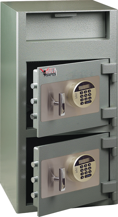 A gray depository safe with two digital locks stands open, revealing empty compartments. The top section features a drop slot for deposits, and the red and black Full Safes logo is displayed above the upper door.