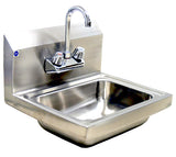 A stainless steel wall-mounted hand sink with a rectangular basin and a tall, curved lead free faucet. Two handles for hot and cold water are mounted on the backsplash, each marked with blue and red indicators for a sleek, modern look.
