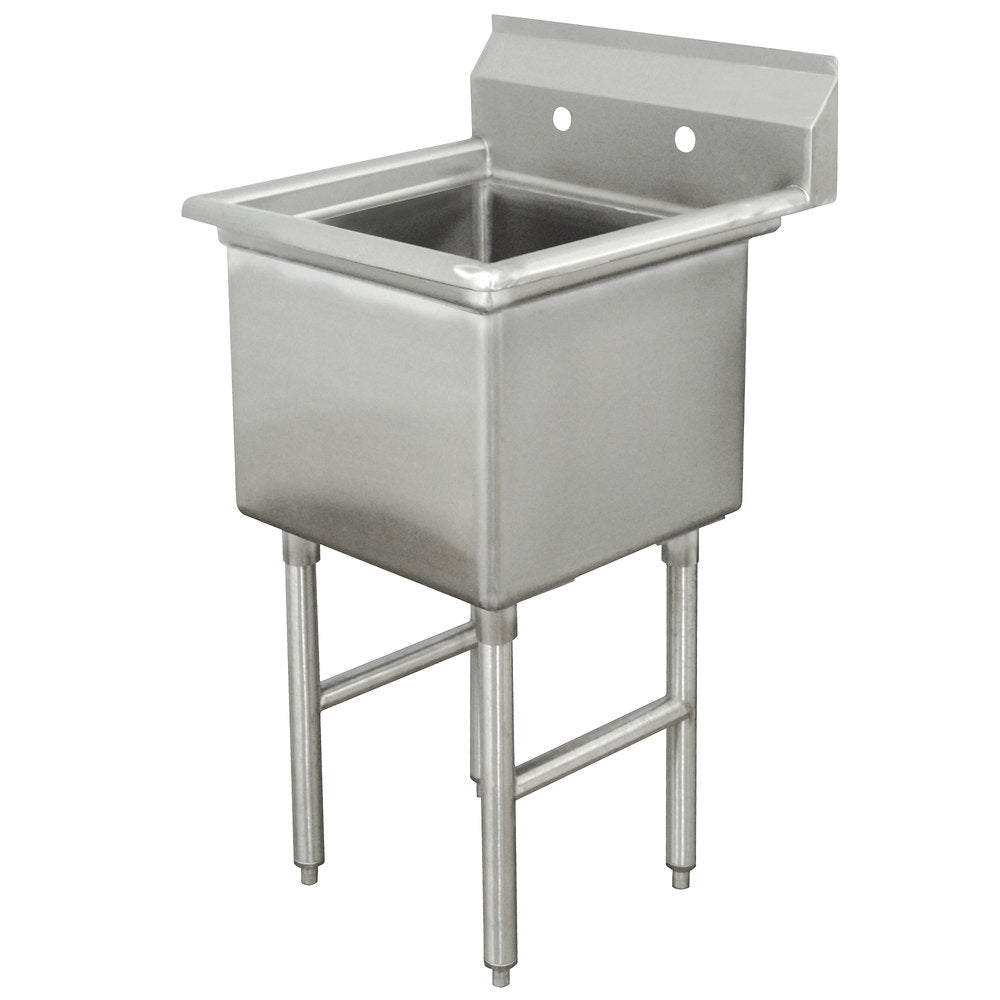 A stainless steel 1-compartment utility sink with a deep rectangular basin, high backsplash with two faucet holes, and four sturdy legs. The industrial prep sink design is ideal for commercial kitchens or utility rooms, featuring a smooth, reflective surface.