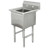 A stainless steel 1-compartment utility sink with a deep rectangular basin, high backsplash with two faucet holes, and four sturdy legs. The industrial prep sink design is ideal for commercial kitchens or utility rooms, featuring a smooth, reflective surface.
