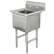 A stainless steel 1-compartment utility sink with a deep rectangular basin, high backsplash with two faucet holes, and four sturdy legs. The industrial prep sink design is ideal for commercial kitchens or utility rooms, featuring a smooth, reflective surface.