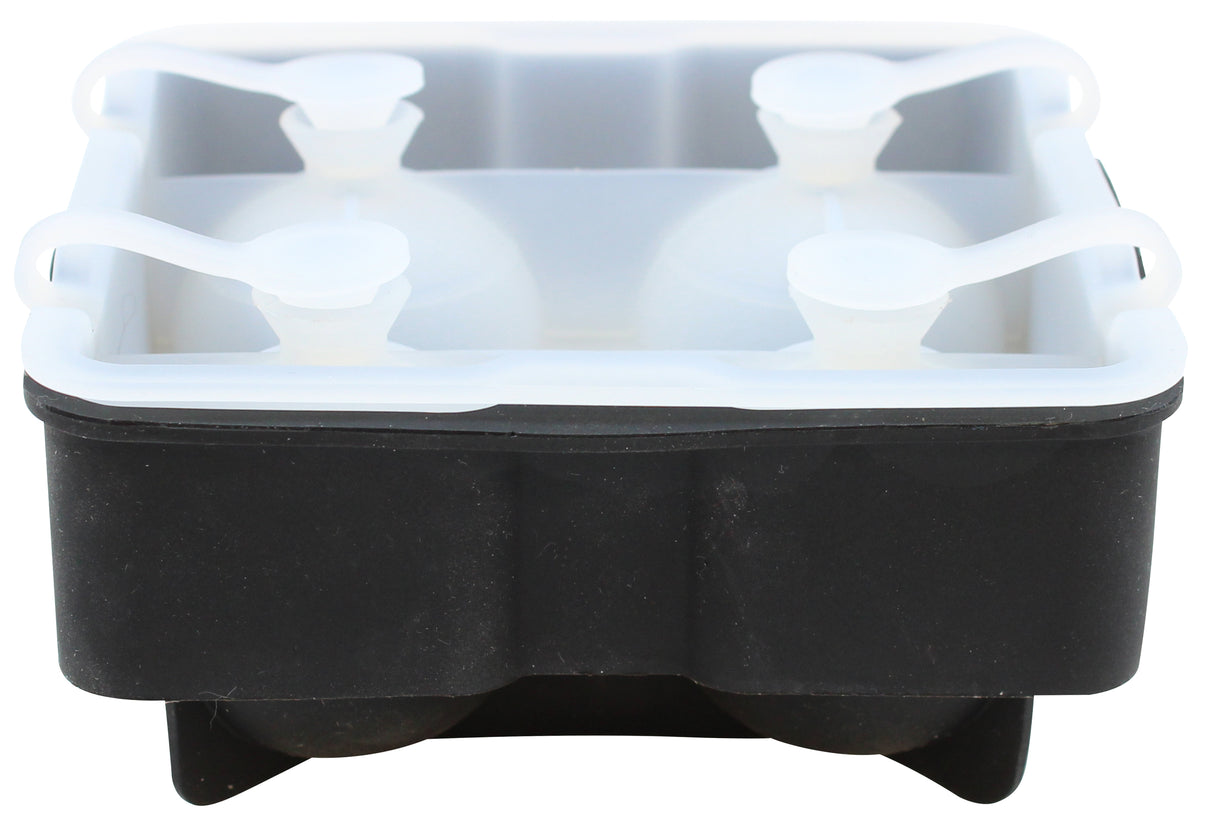 A black and white silicone ice sphere tray with four large round compartments, each sealed with a white cap featuring a looped handle, designed to make spherical ice balls. The tray appears empty and is shown from a slightly low, front-facing angle.