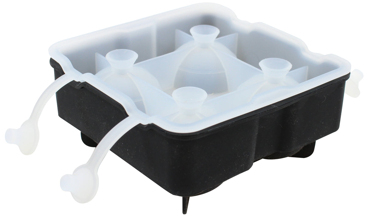 A black and white silicone ice sphere tray with four round molds and two long pull tabs, designed to create perfect ice balls. This dishwasher safe ice tray features a square shape and dome-shaped lids over each mold opening.