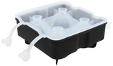 A black and white silicone ice sphere tray with four round molds and two long pull tabs, designed to create perfect ice balls. This dishwasher safe ice tray features a square shape and dome-shaped lids over each mold opening.