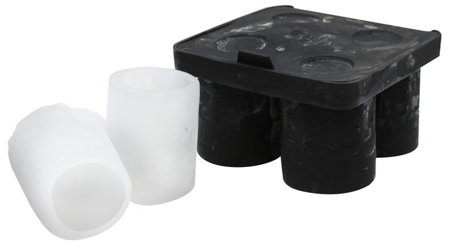 A black silicone shot glass ice tray with four cylindrical compartments sits on a white background. Two hollow, tube-like ice cubes made from the shot glass mold are displayed in front, demonstrating their unique shape.