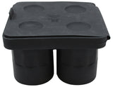 A black, rectangular shot glass ice tray with a lid, designed to make four cylindrical ice cubes. The mold has four round wells visible on top, a slightly raised lid edge, and is made from flexible, durable silicone that’s dishwasher safe.