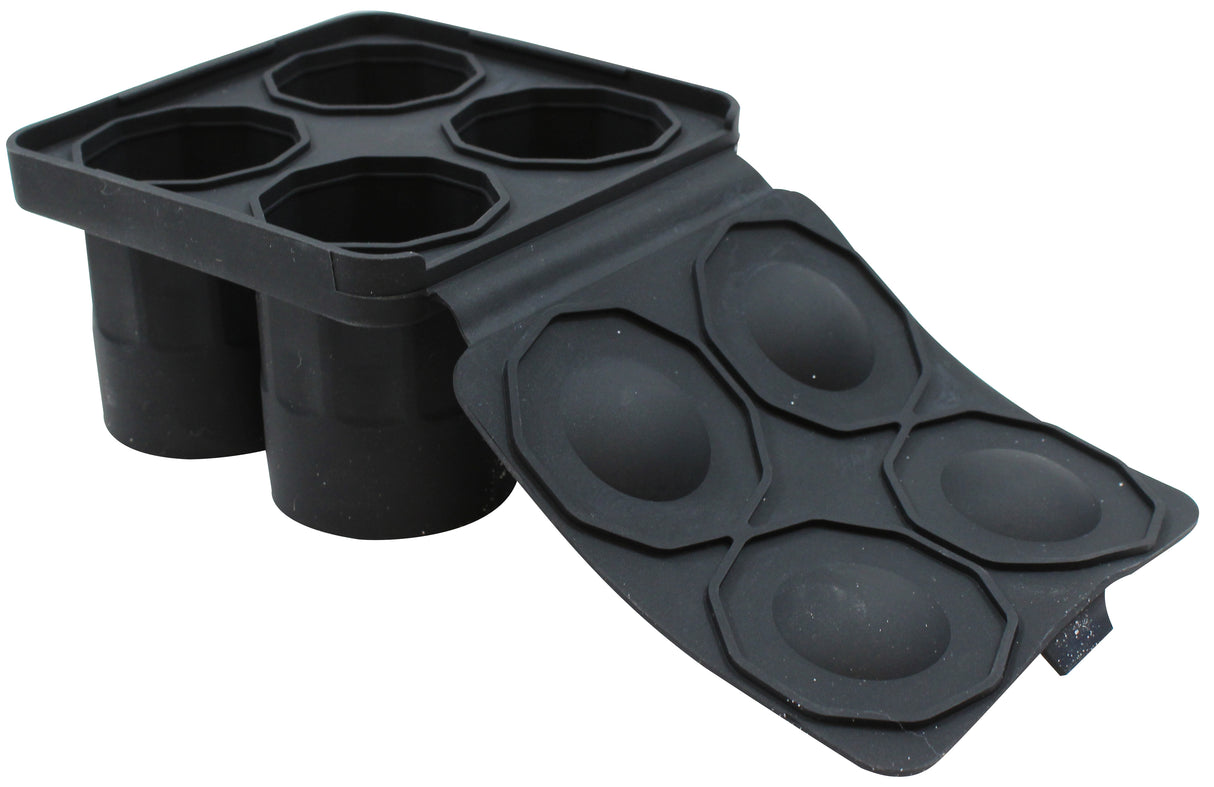 A black silicone ice cube tray with six large, round compartments. The flexible lid is partially open, showing matching rounded molds inside. This dishwasher safe tray is designed to make oversized spherical ice cubes.