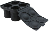 A black silicone ice cube tray with six large, round compartments. The flexible lid is partially open, showing matching rounded molds inside. This dishwasher safe tray is designed to make oversized spherical ice cubes.