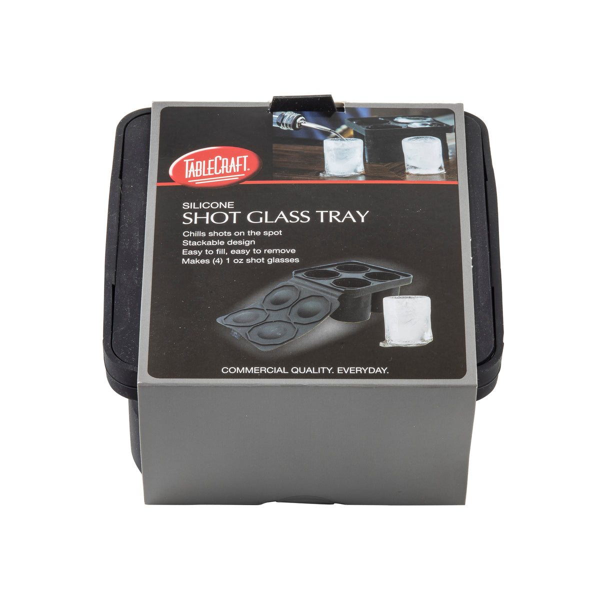 A black silicone shot glass tray in packaging labeled “TableCraft Silicone Shot Glass Tray.” The box highlights its dishwasher safe design, easy ice removal, and shows how to make four stackable silicone shot glasses.