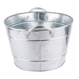 A shiny, round galvanized steel bucket with two sturdy handles on opposite sides. The bucket has a slightly tapered shape, horizontal indented bands, and a smooth, reflective silver surface—perfect as a beverage tub for parties.