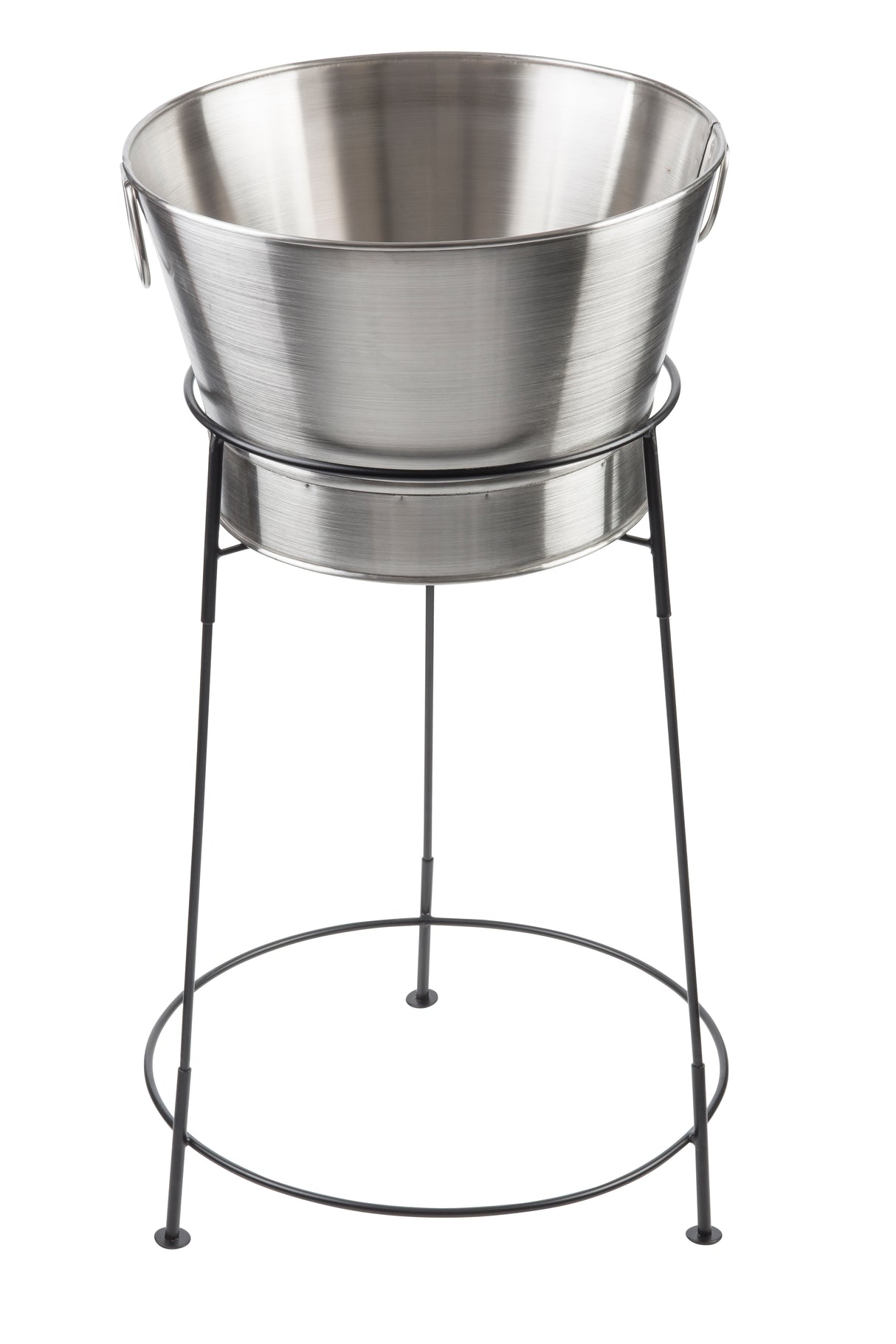 A stainless steel beverage tub sits atop a tall, black metal stand with three legs and a circular base, perfect for chilling drinks at parties or events. The dishwasher safe tub features two side handles for easy lifting.
