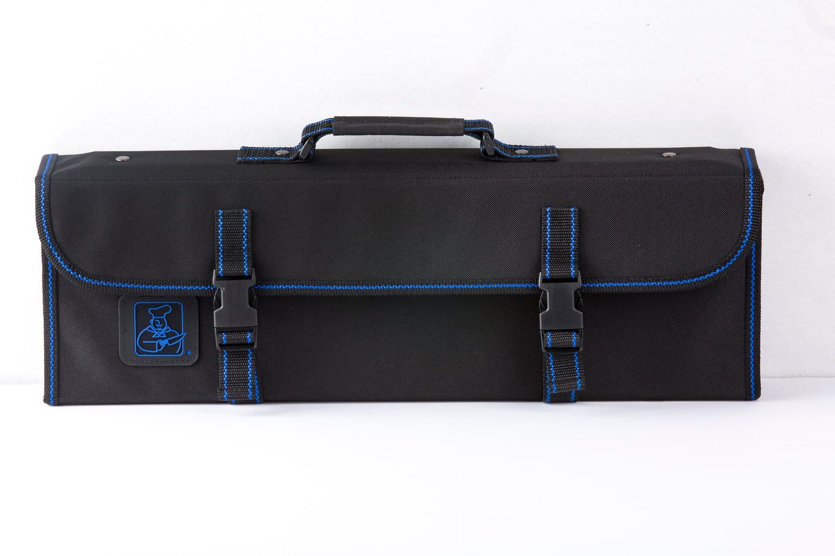 A black rectangular knife case with blue stitching, two front snap-buckle straps, a top handle, and a patch featuring a chef illustration. The background is white, and the case appears closed and empty. Holds 10 knives securely.