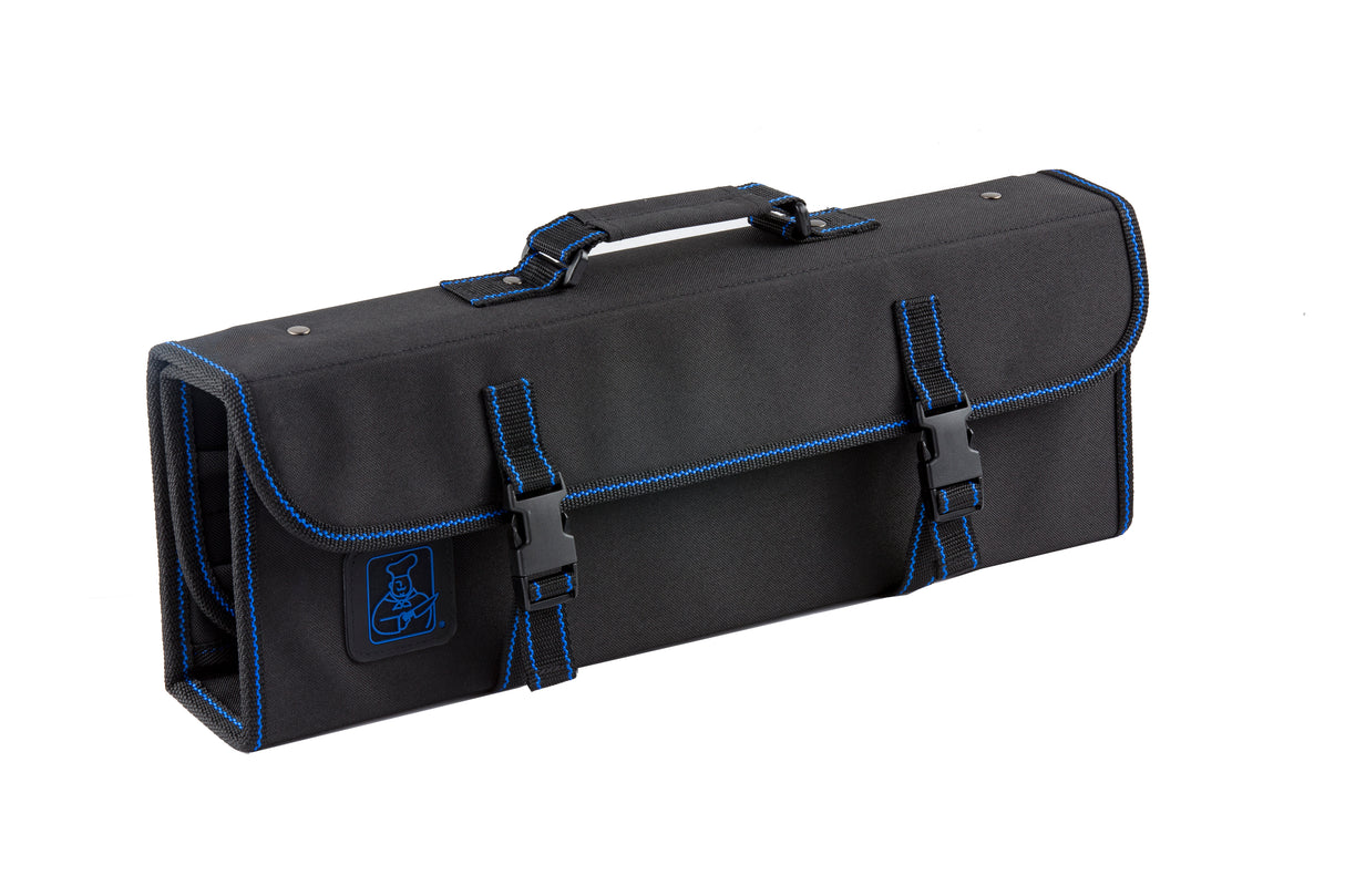 A black rectangular tool bag with blue stitching, a handle on top, and two front buckle closures. Designed as a knife case, it holds 10 knives securely. The flap covers the front and sides, featuring a blue logo of a wrench inside a flask. Plain white background.