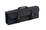 A black rectangular tool bag with blue stitching, a handle on top, and two front buckle closures. Designed as a knife case, it holds 10 knives securely. The flap covers the front and sides, featuring a blue logo of a wrench inside a flask. Plain white background.