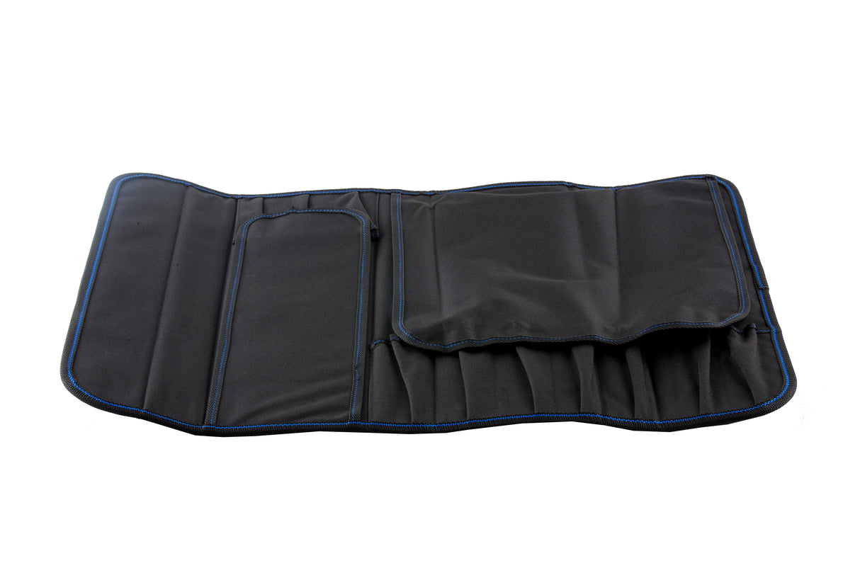 A black, foldable knife case with blue stitching is laid open on a white background. It features multiple pockets and slots—holds 10 knives—and a flap covering part of the interior compartments.