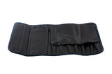 A black, foldable knife case with blue stitching is laid open on a white background. It features multiple pockets and slots—holds 10 knives—and a flap covering part of the interior compartments.
