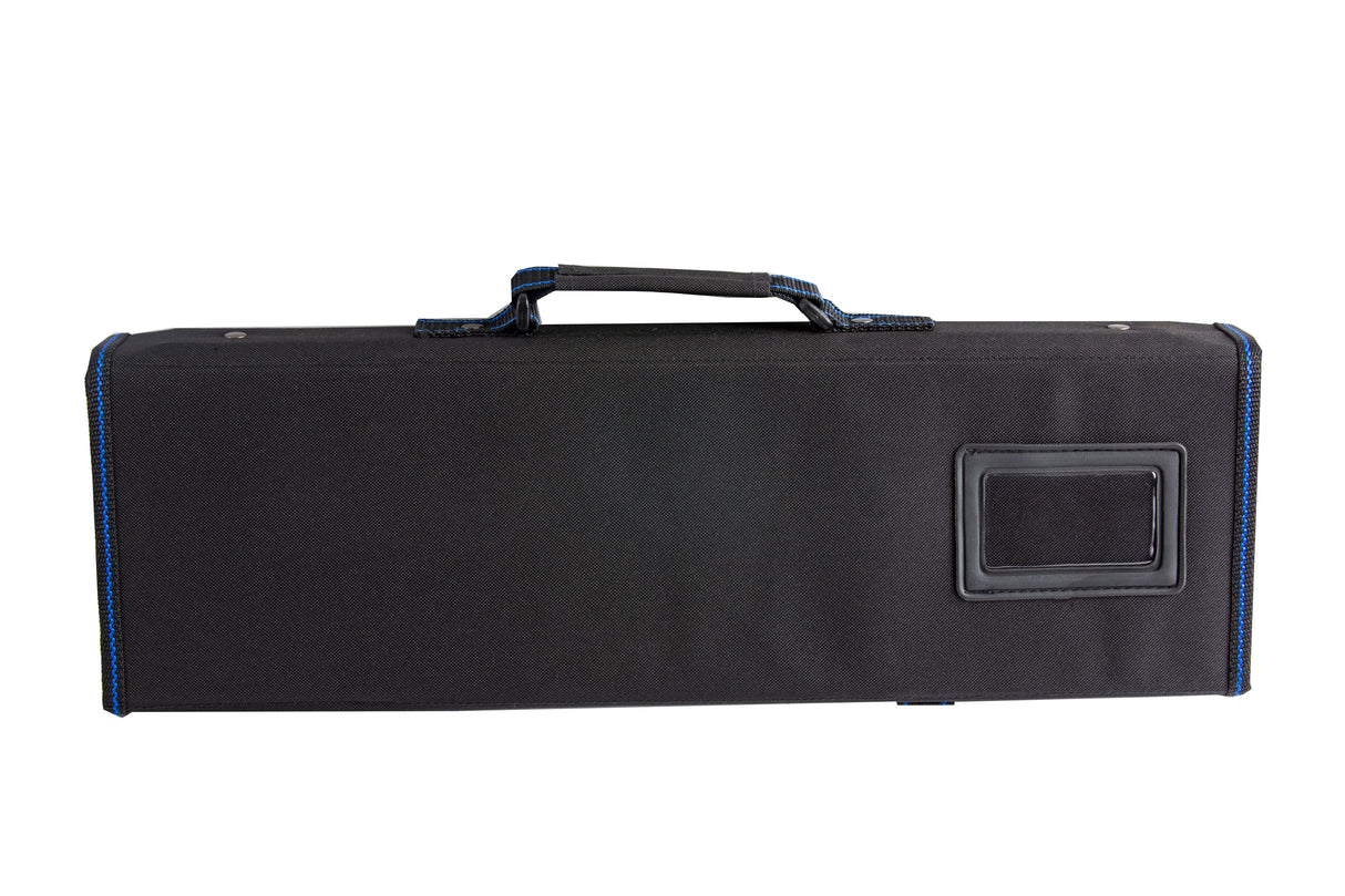 A rectangular black ballistic nylon carrying case with blue stitching, a handle on top, and a clear plastic window pocket on the right side. This knife case holds 10 knives and is photographed against a white background.