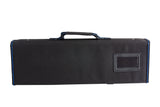A rectangular black ballistic nylon carrying case with blue stitching, a handle on top, and a clear plastic window pocket on the right side. This knife case holds 10 knives and is photographed against a white background.