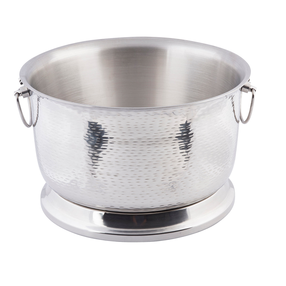 A large, round, 6 gallon stainless steel beverage tub with a hammered texture stands on a wide base. It has two handles and a smooth, shiny interior, while the dimpled exterior is reflective. The background is plain white.