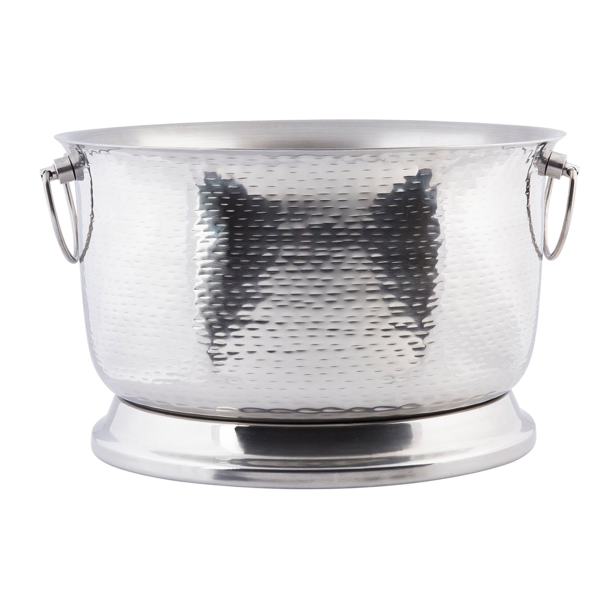 A shiny, stainless steel hammered metal beverage tub with two small side handles and a wide round base, photographed on a plain white background. The 6 gallon bucket has a reflective surface with a textured pattern and no visible lid.