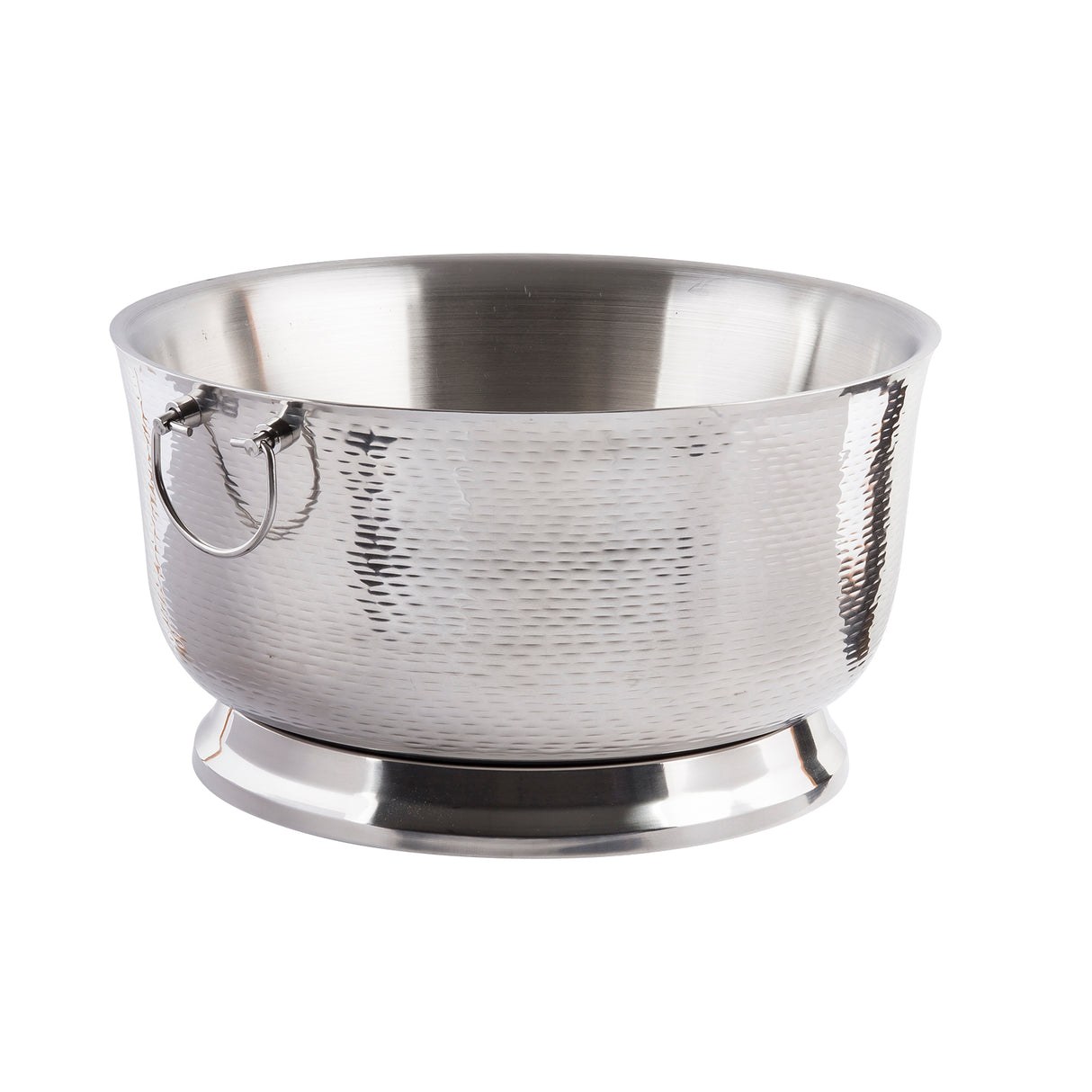 A double wall hammered stainless steel punch bowl with a shiny, textured surface and wide opening sits on a round base. Two small metal ring handles make carrying easy. The background is plain white.
