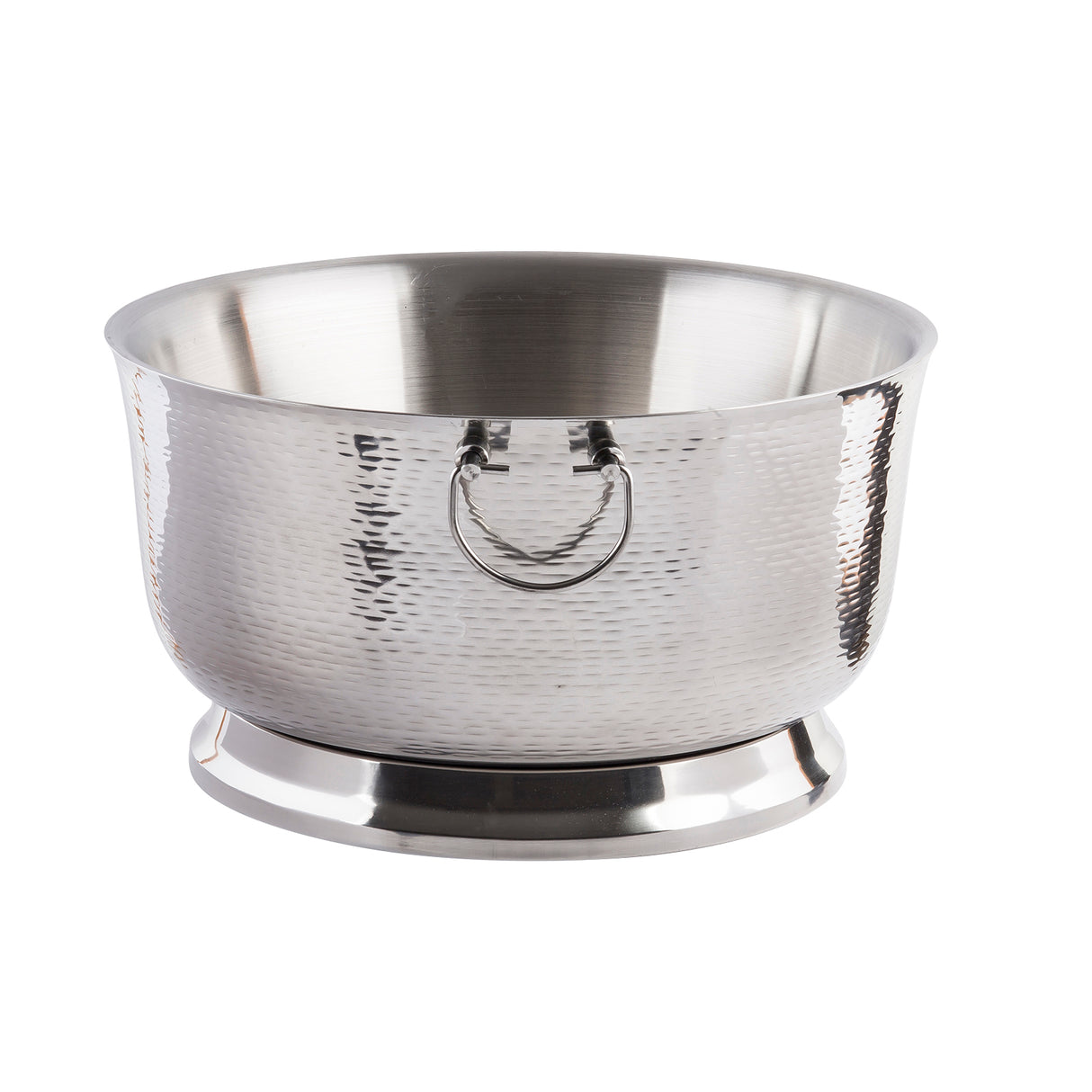 A large, round, double wall stainless steel beverage tub with a hammered, reflective surface, two metal ring handles on the sides, and a wide, sturdy base is shown on a plain white background.