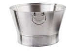 A shiny, 7 gallon stainless steel beverage tub with a wide, flared opening and narrow base. It features a smooth brushed finish, round shape, and single metal handle near the top rim. The empty tub stands on a white background.