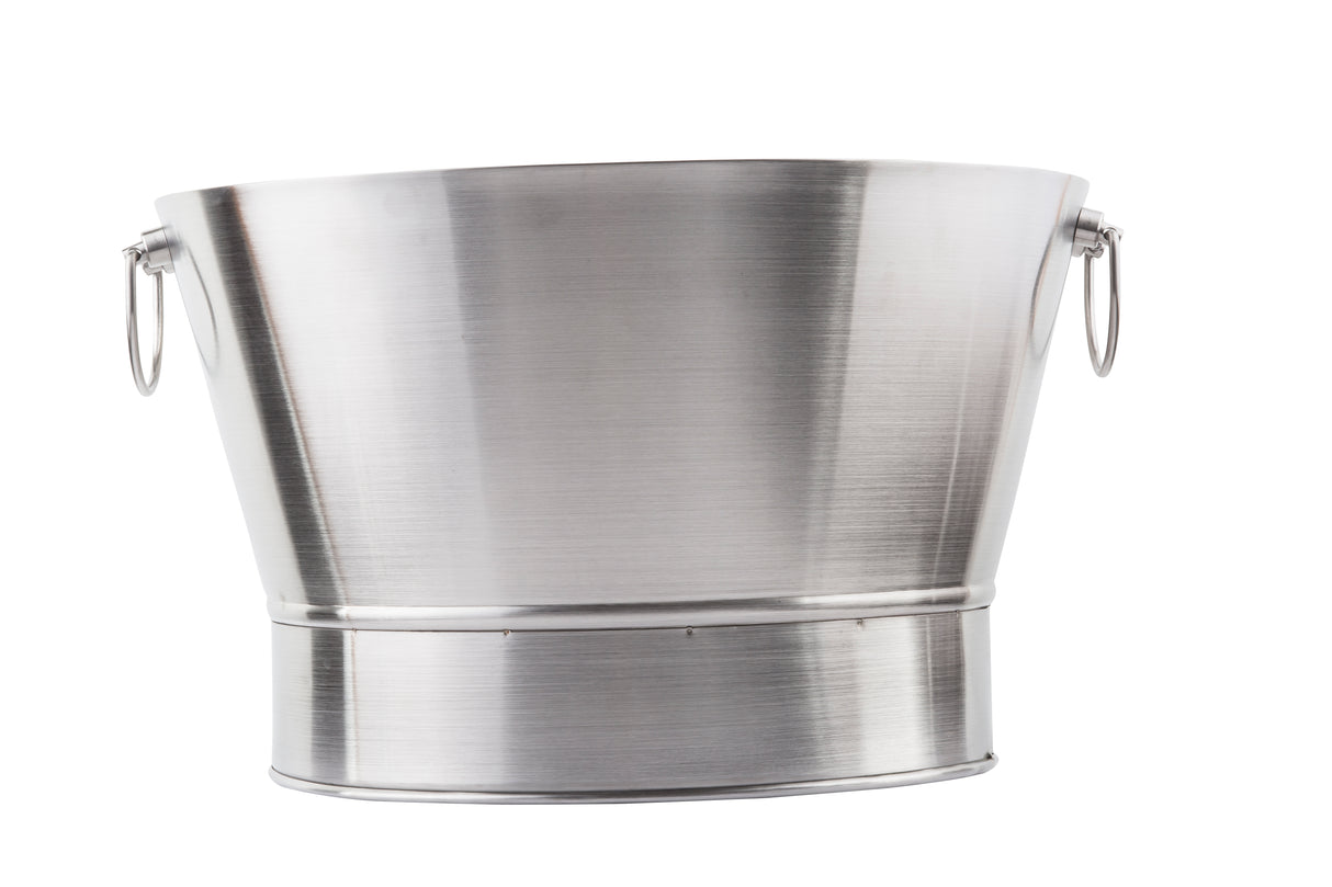 A shiny, empty, stainless steel beverage tub with a wide top, narrow bottom, and two round handles on either side sits against a white background. The smooth, brushed surface of this 7 gallon bucket appears clean and unused.