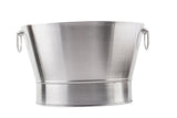 A shiny, empty, stainless steel beverage tub with a wide top, narrow bottom, and two round handles on either side sits against a white background. The smooth, brushed surface of this 7 gallon bucket appears clean and unused.