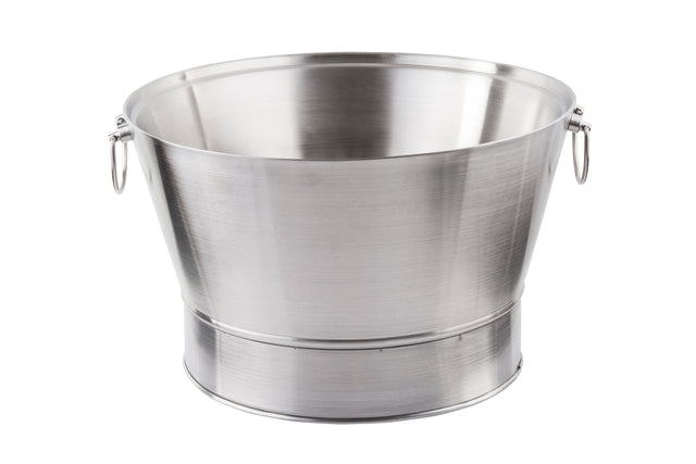 A shiny, empty stainless steel bucket with two small side handles is shown against a white background. The 7-gallon bucket has a slightly flared rim and smooth, brushed texture, giving it the look of a clean and modern beverage tub.