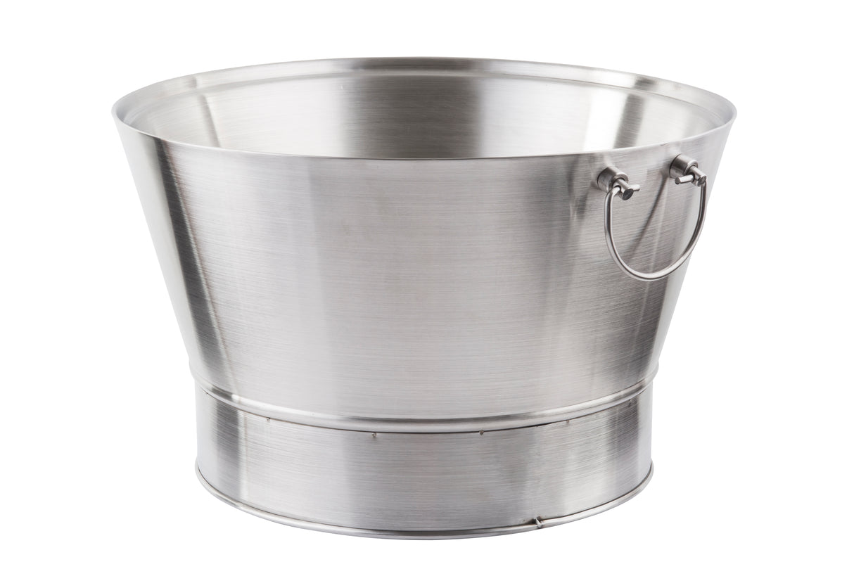A shiny, empty, stainless steel bucket with a wide top, narrow base, and a curved metal handle attached to one side. The bucket has a brushed metal finish and is set against a plain white background.