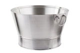 A shiny, empty, stainless steel bucket with a wide top, narrow base, and a curved metal handle attached to one side. The bucket has a brushed metal finish and is set against a plain white background.