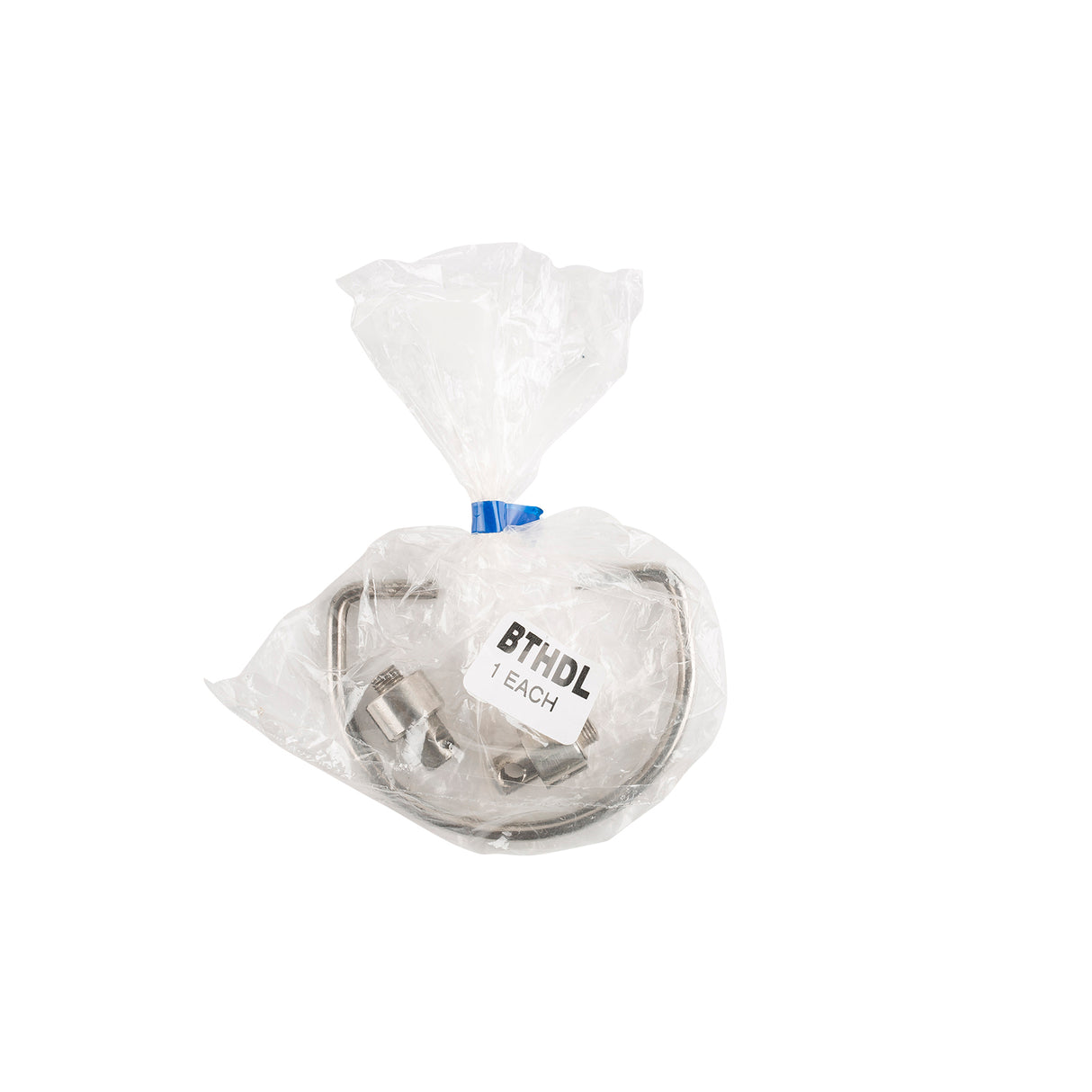 A TableCraft metal handle and screws set, labeled “BTHDL 1 EACH,” packaged in a clear plastic bag with a blue twist tie—perfect as replacement handles for your beverage tub—displayed on a plain white background.