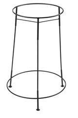 A black metal plant stand with a minimalist design, inspired by TableCraft. It features four slender vertical legs, a circular top ring for holding a pot or beverage stand, and a circular base ring for stability in any modern space.