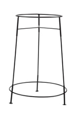 A tall, minimalist black metal plant stand with three thin legs connected by two circular rings, one at the top and one near the base. This TableCraft-inspired design is open and modern, with the rings providing sturdy structural support.