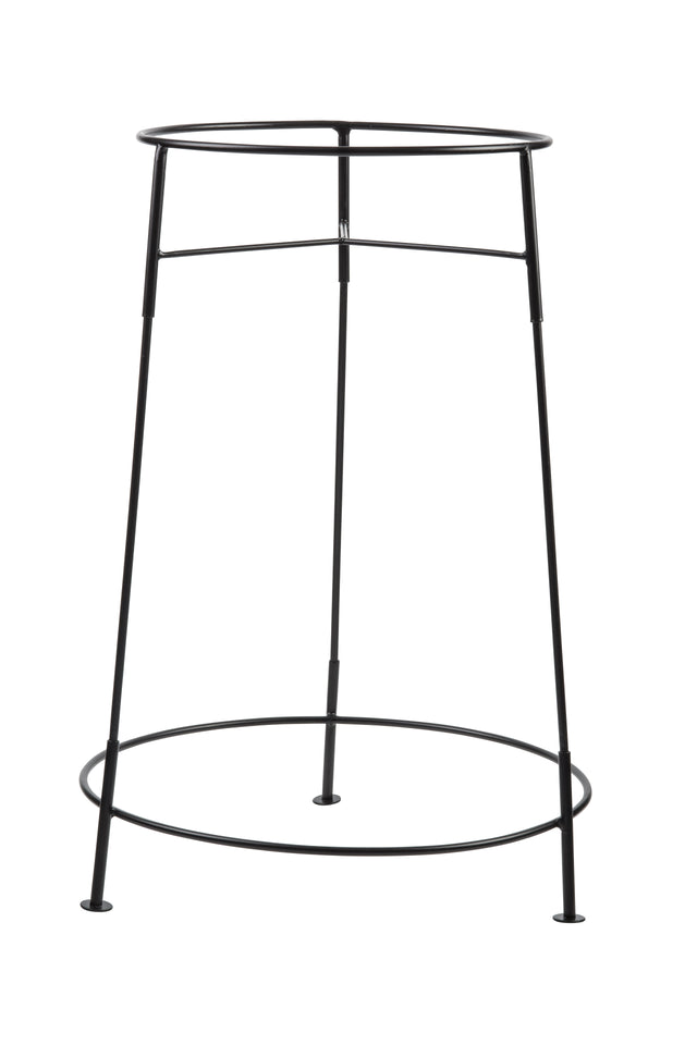 A tall, minimalist black metal plant stand with three thin legs connected by two circular rings, one at the top and one near the base. This TableCraft-inspired design is open and modern, with the rings providing sturdy structural support.