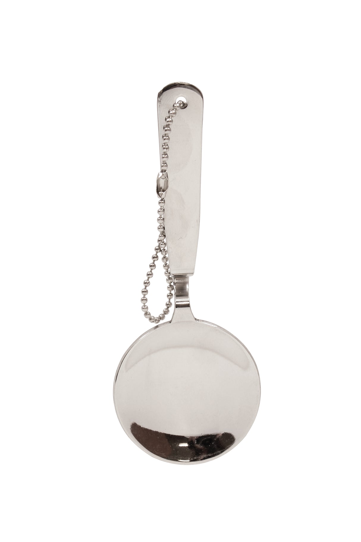 A shiny, stainless steel shoehorn with a wide, oval-shaped blade and flat handle. A small metal bead chain is attached through a hole at the top. The surface reflects light, set against a plain white background.