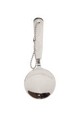 A shiny, stainless steel shoehorn with a wide, oval-shaped blade and flat handle. A small metal bead chain is attached through a hole at the top. The surface reflects light, set against a plain white background.