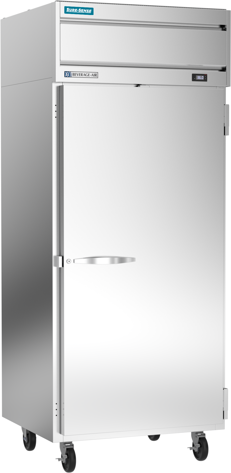 A commercial reach-in refrigerator with a single solid door, handle on the left, four black caster wheels, a top ventilation unit, and blue and white labels. The stainless steel surface is clean and reflective.