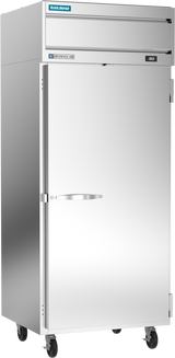 A commercial reach-in refrigerator with a single solid door, handle on the left, four black caster wheels, a top ventilation unit, and blue and white labels. The stainless steel surface is clean and reflective.