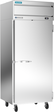 A commercial reach-in refrigerator with a single solid door, handle on the left, four black caster wheels, a top ventilation unit, and blue and white labels. The stainless steel surface is clean and reflective.