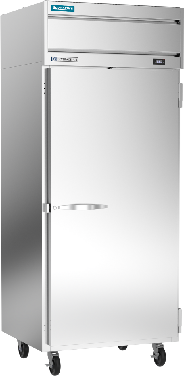 A commercial reach-in refrigerator with a single solid door, handle on the left, four black caster wheels, a top ventilation unit, and blue and white labels. The stainless steel surface is clean and reflective.