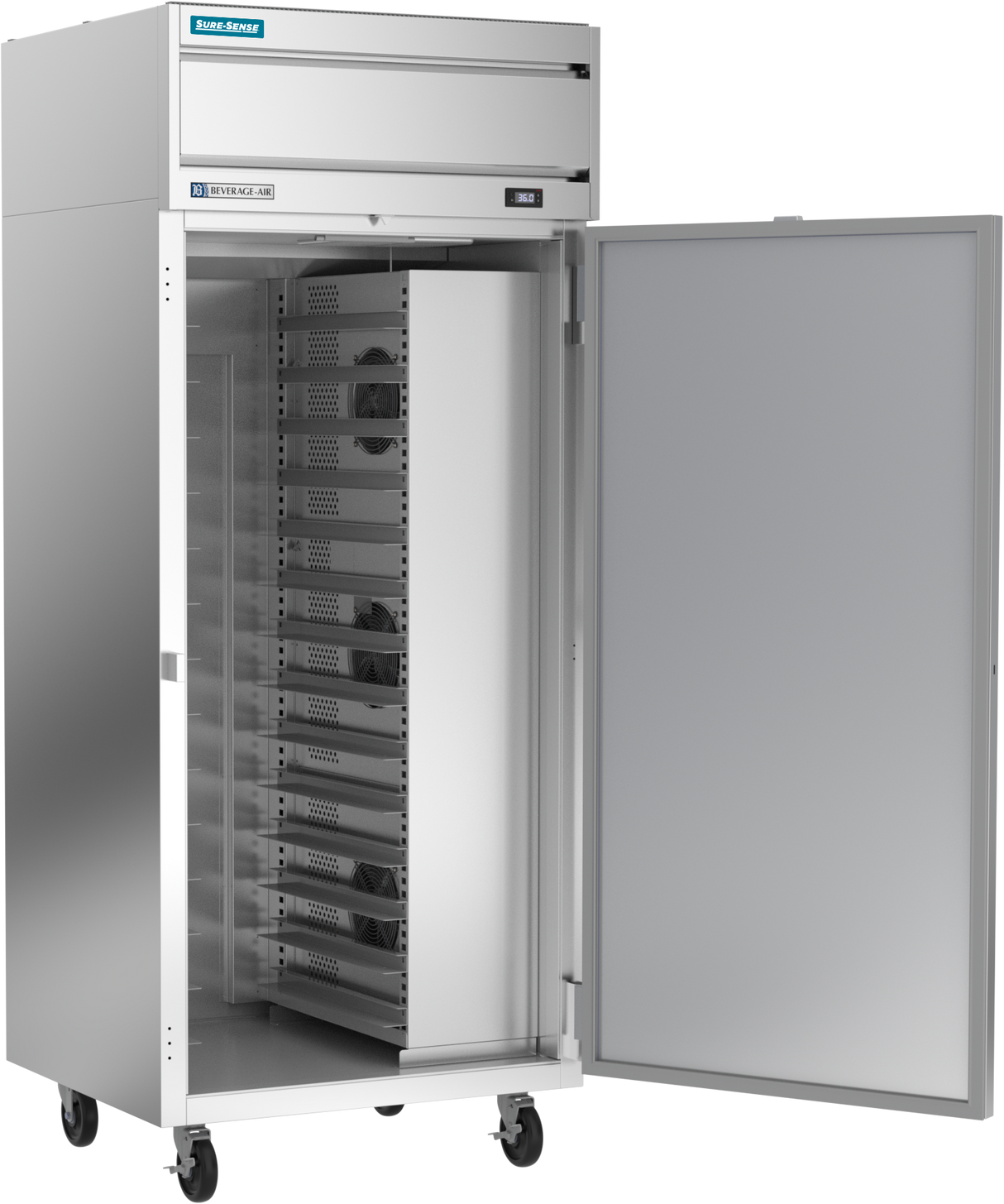 A tall, stainless steel reach-in refrigerator with an open door reveals multiple ventilated shelves inside. The unit stands on four wheels, features a digital display on the front, and a brand label at the top left corner.